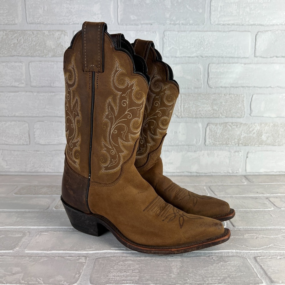 Justin Cowboy Boots Bay Apache Womens Girls 5 Brown Leather Western Embroidered